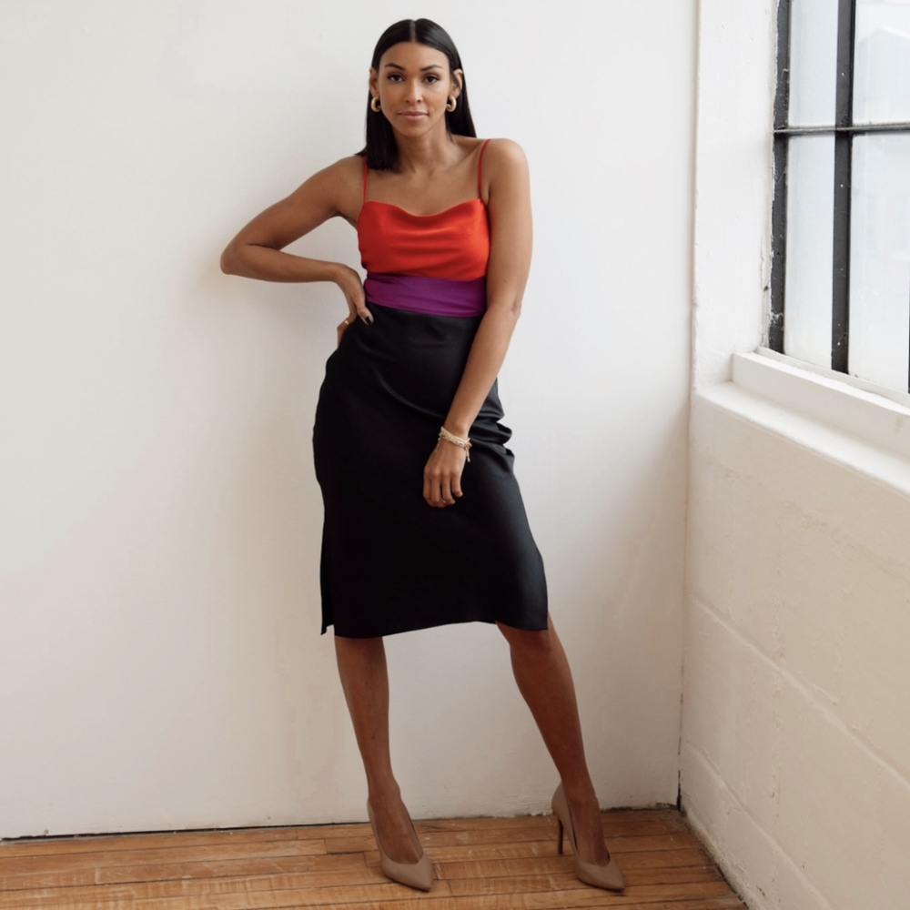 Express Silky Colorblock Strappy Dress, Black, Red and Purple- Size Small